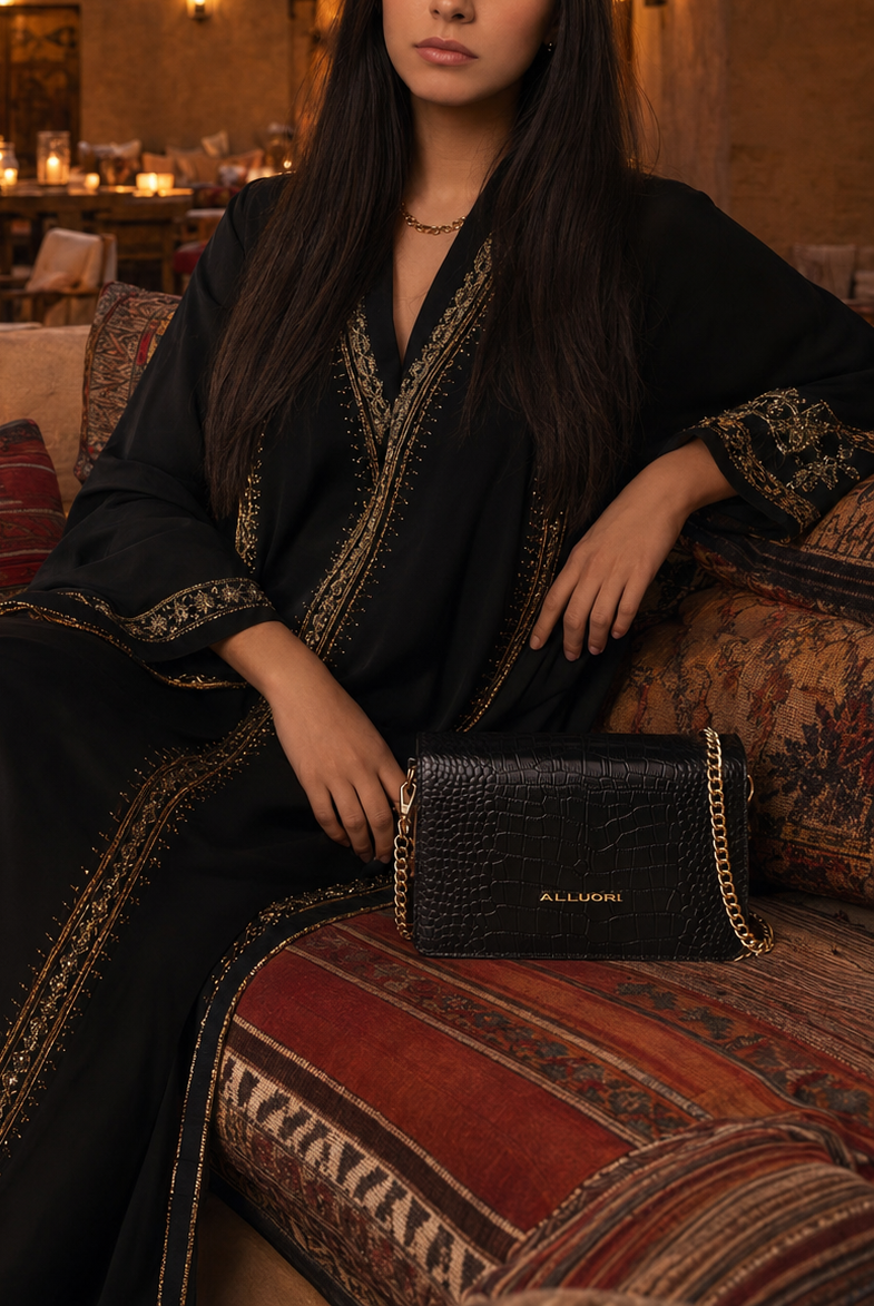 Woman in black embroidered outfit with a matching clutch on a patterned couch.